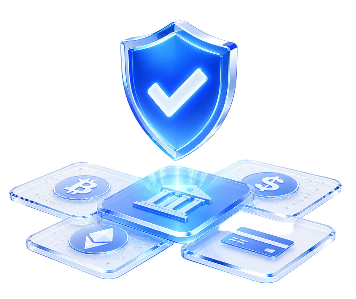 Verified account shield above crypto, banking and card platform tiles